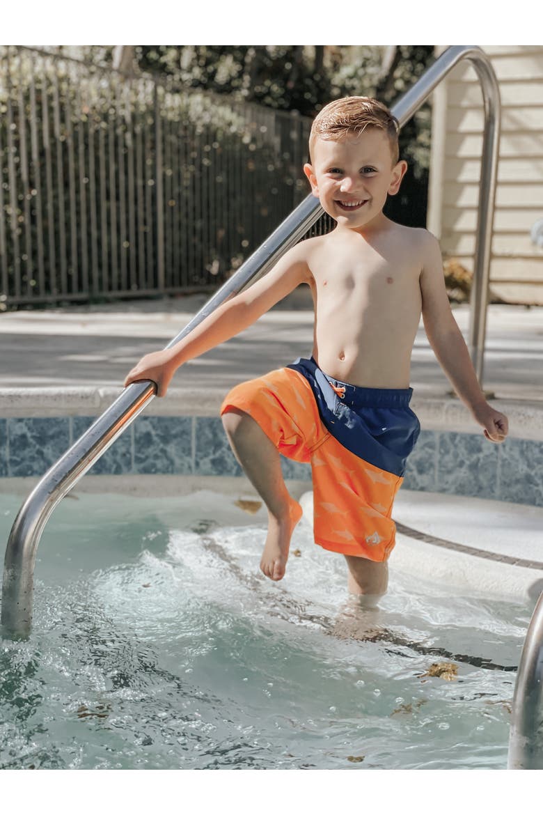 Swim Trunks with Mesh Lining UPF 50+, Alternate, color, Blue orange shark