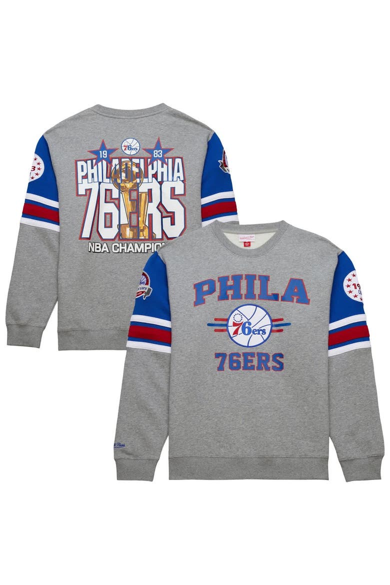 Men's Mitchell & Ness Heather Gray Philadelphia 76ers Hardwood Classics All Over 4.0 Pullover Sweatshirt, Alternate, color, Heather Gray