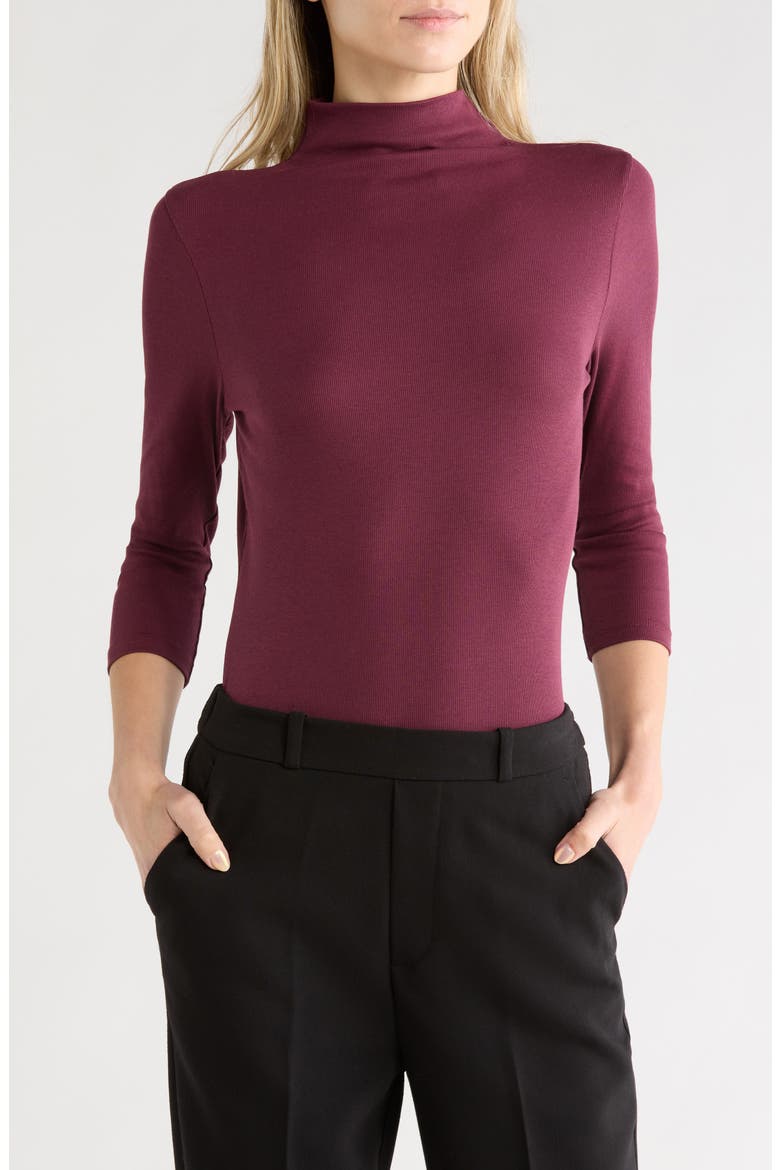 Three-Quarter Sleeve Stretch Pima Cotton Mock Neck T-Shirt, Main, color, BURGUNDY FIG
