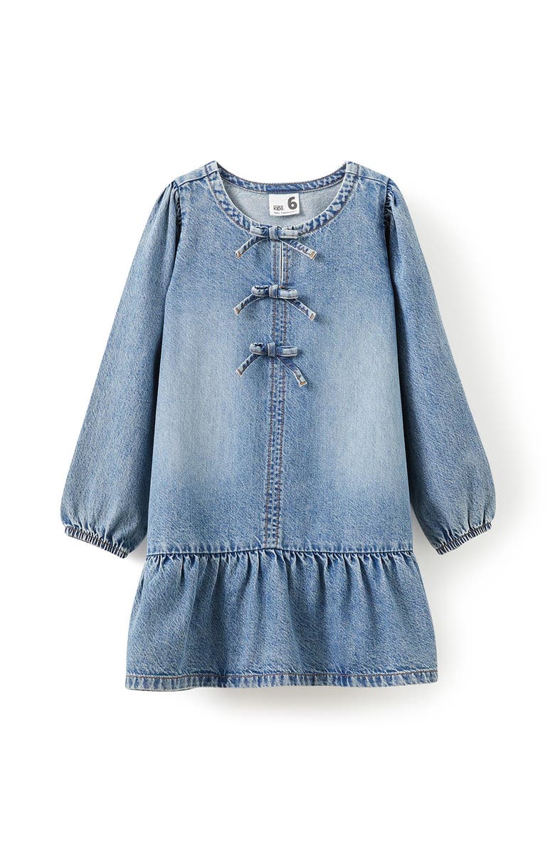 Cotton On Kids Kid's Betty Bow Front Denim Dress, Main, color, Blue Haven Mid Blue