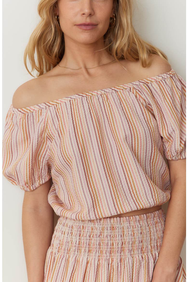 Marella Seersucker Off the Shoulder Top, Main, color, SUNSET STRIPE