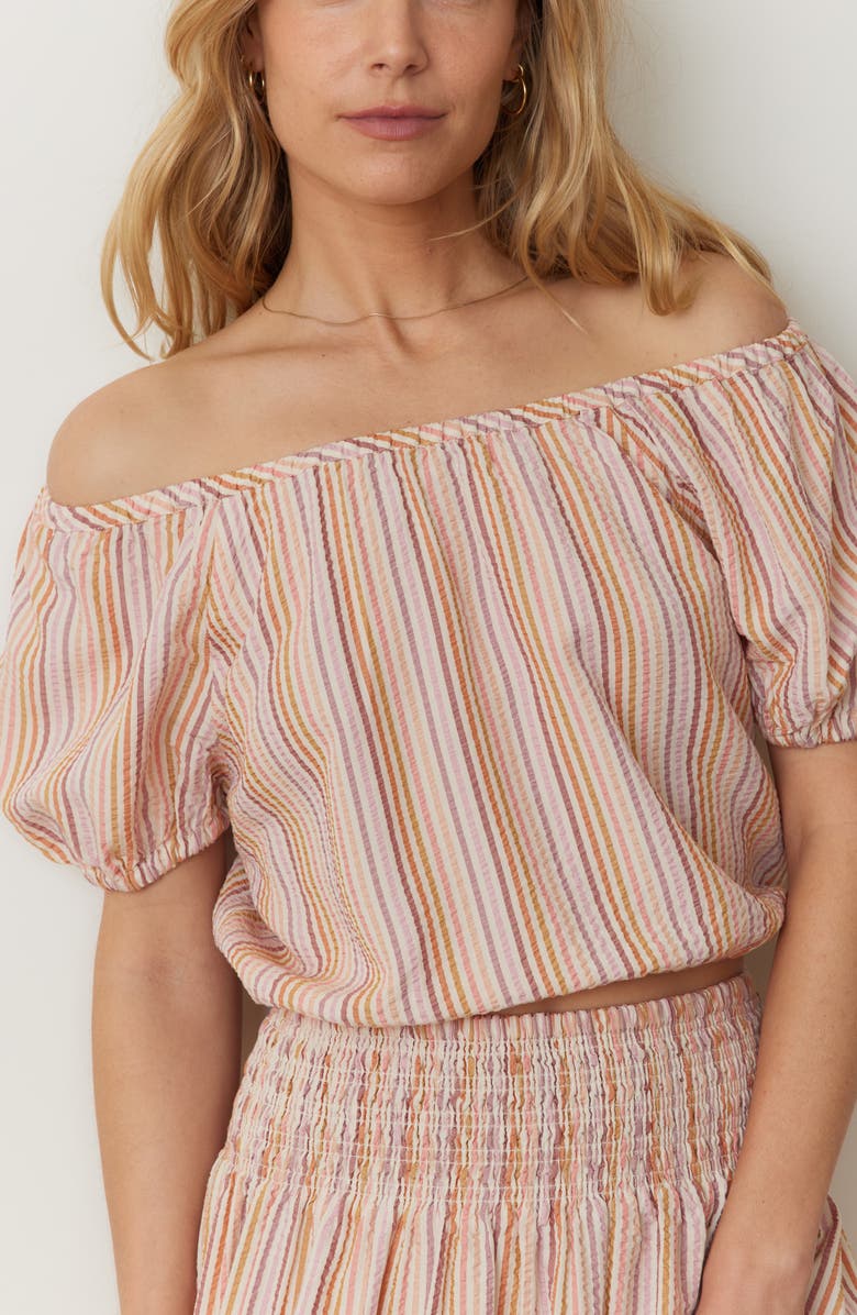 Marine Layer Marella Seersucker Off the Shoulder Top, Main, color, Sunset Stripe