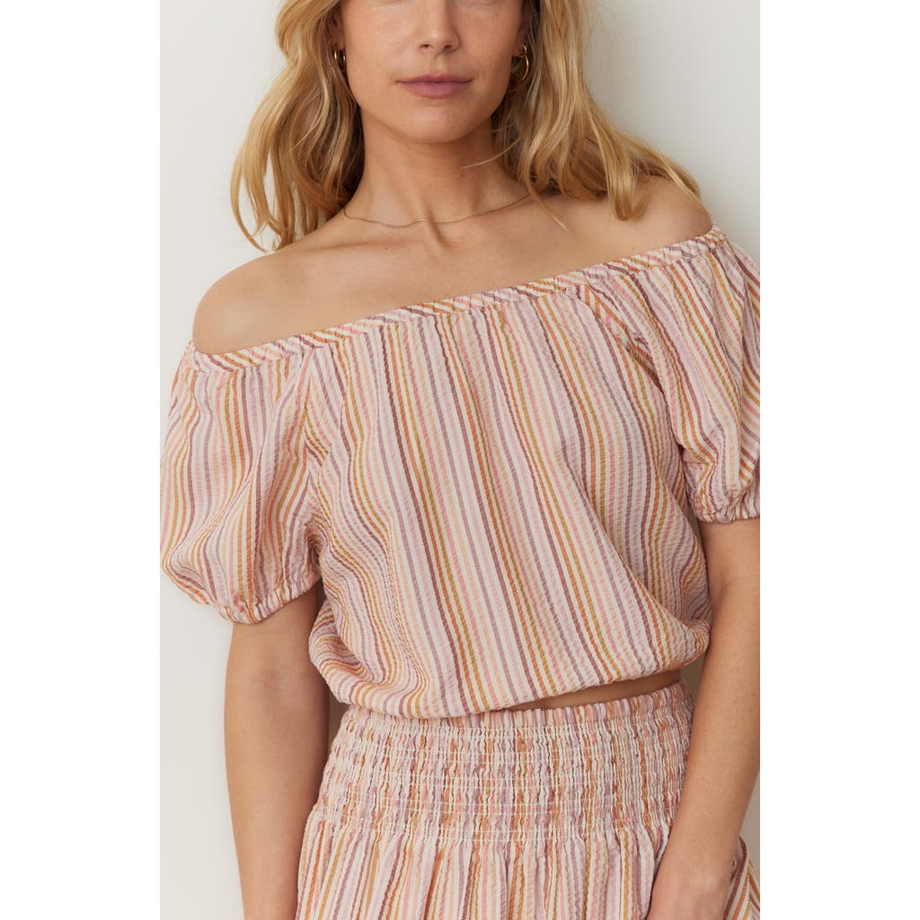 Marine Layer Marella Seersucker Off The Shoulder Top In Sunset Stripe