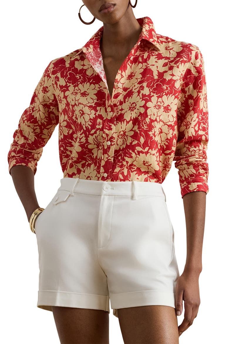 Floral Linen Button-Up Shirt, Main, color, RED/ BEIGE