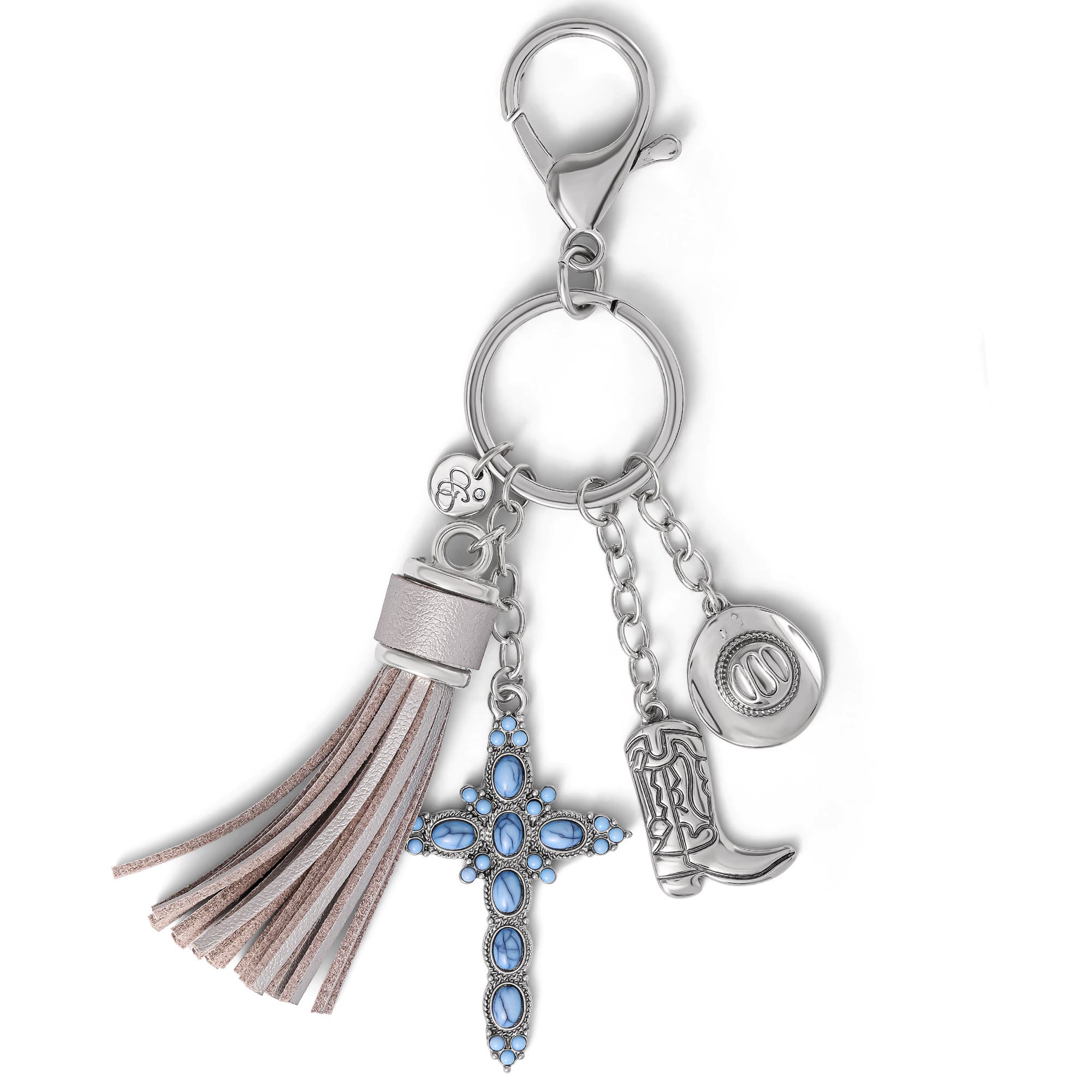 Jessica Simpson Western Cross & Tassel Charm Keychain, Alternate, color, Silver/Turquoise