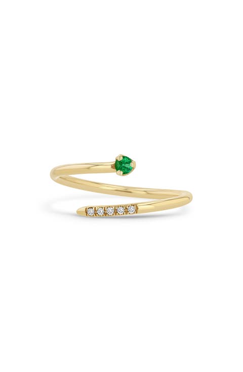 14K Yellow Gold Emerald & Diamond Bypass Ring