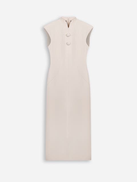 Padded Shoulder Button Detail Maxi Dress