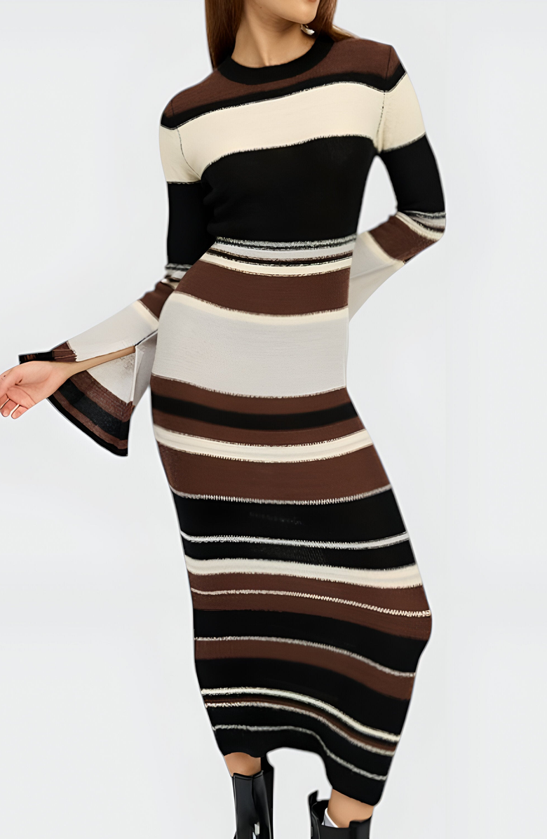 Modenaire Striped Long Sleeve Knit Midi Dress with Flared Cuff Detail, Alternate, color, Multi Color Stripes