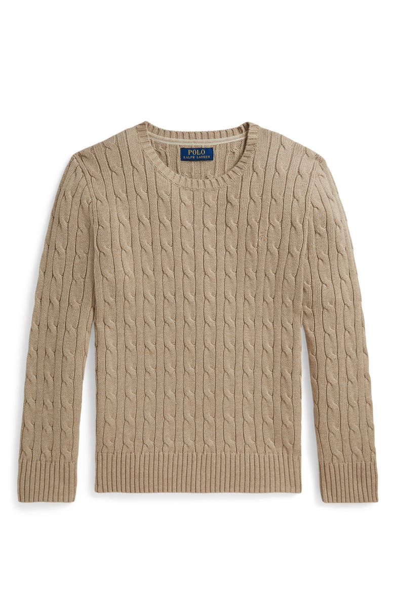 Polo Ralph Lauren Kids' Cable Stitch Combed Cotton Sweater, Main, color, Tan Heather