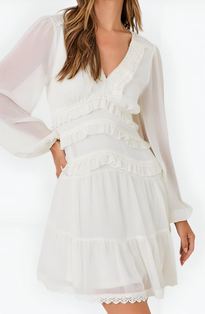 Modenaire Long Sleeve V-Neck Ruffle Tiered Mini Dress with Sheer Chiffon Overlay, Alternate, color, White