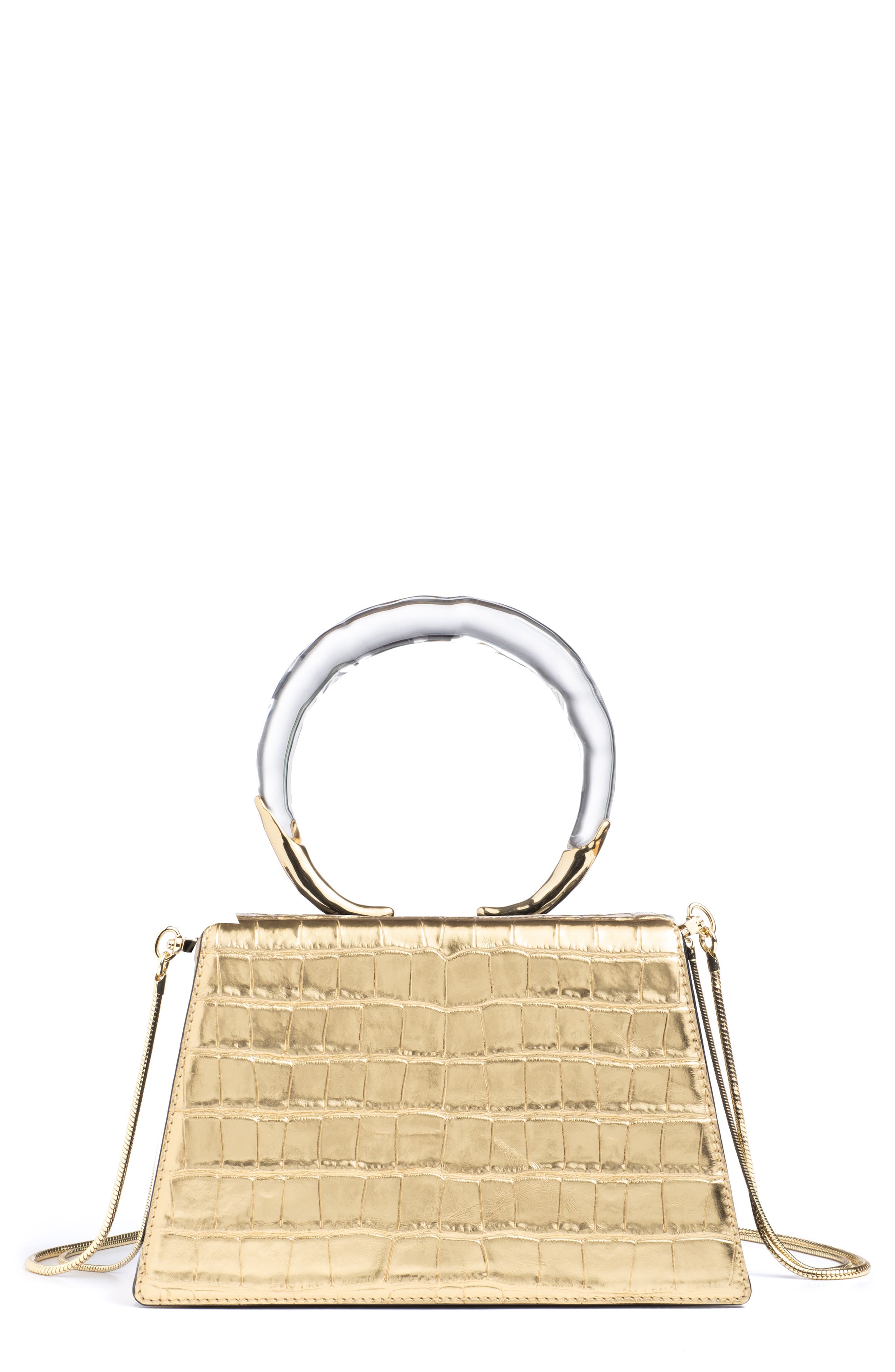 Croc Embossed Leather Top Handle Bag, Alternate, color, GOLD CROCO