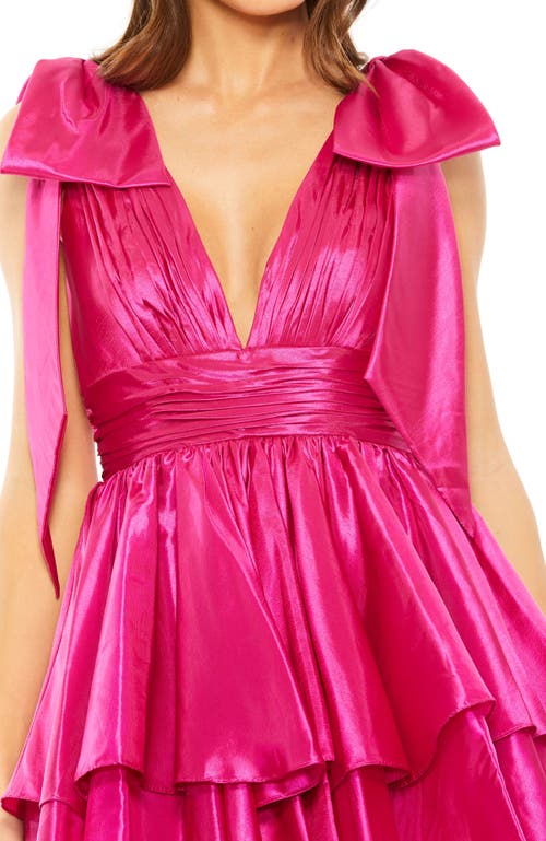 Mac Duggal Oversized Bow Deep V Ruffle Mini Dress In Fuchsia