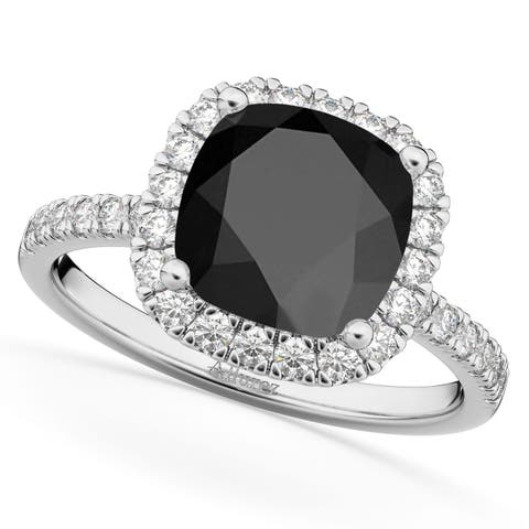 Cushion Cut Halo Black Onyx & Diamond Engagement Ring 14k
