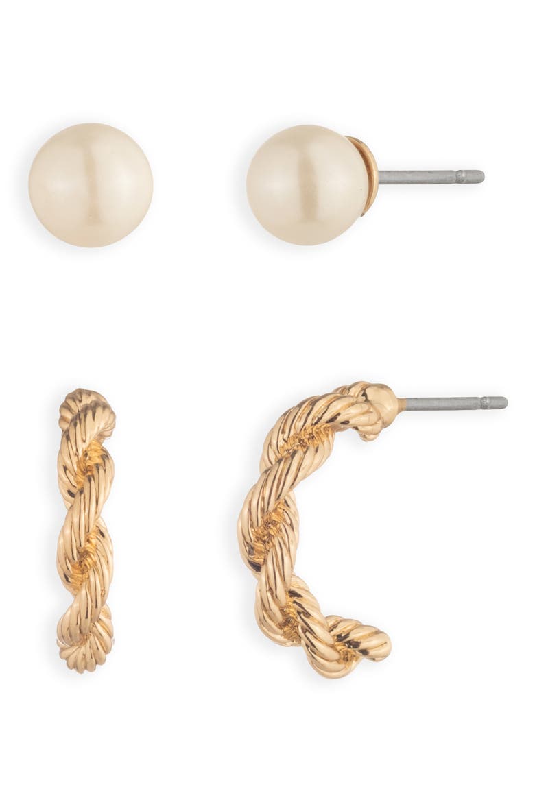 Rope and Imitation Pearl Earring Set, Main, color, WHITE