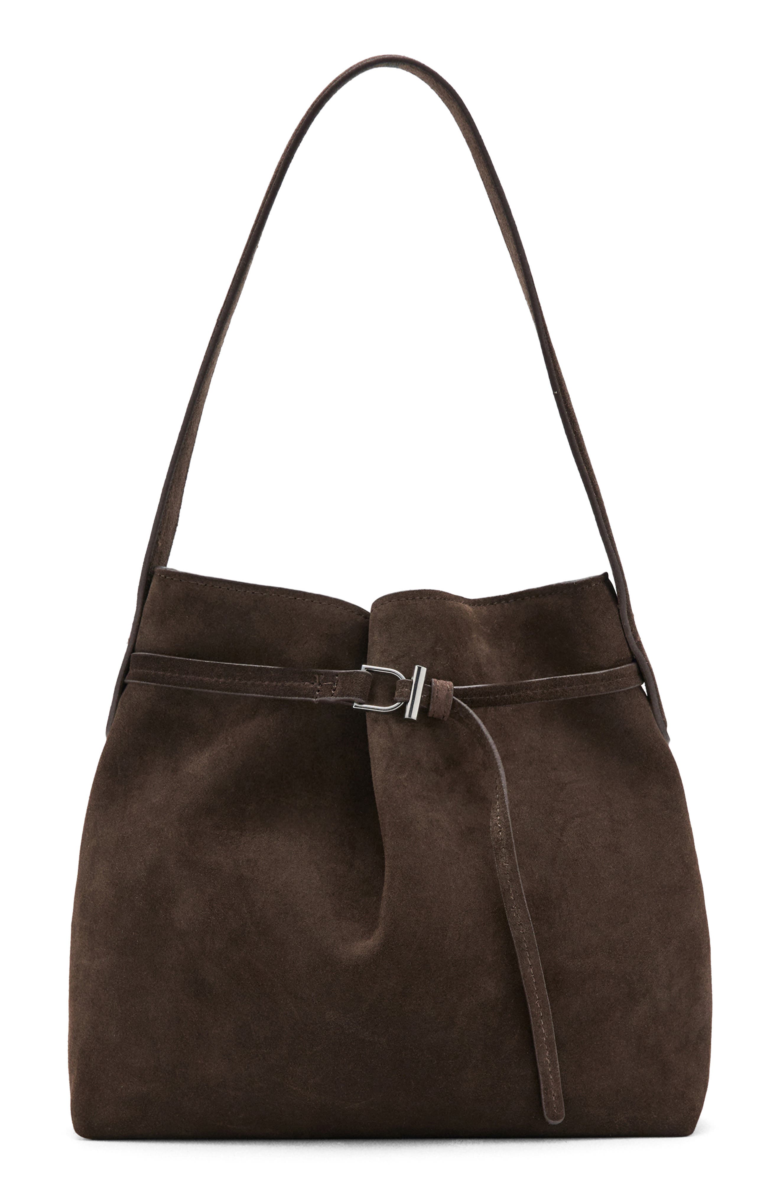 MANGO Suede Buckle Bucket Bag, Main, color, 