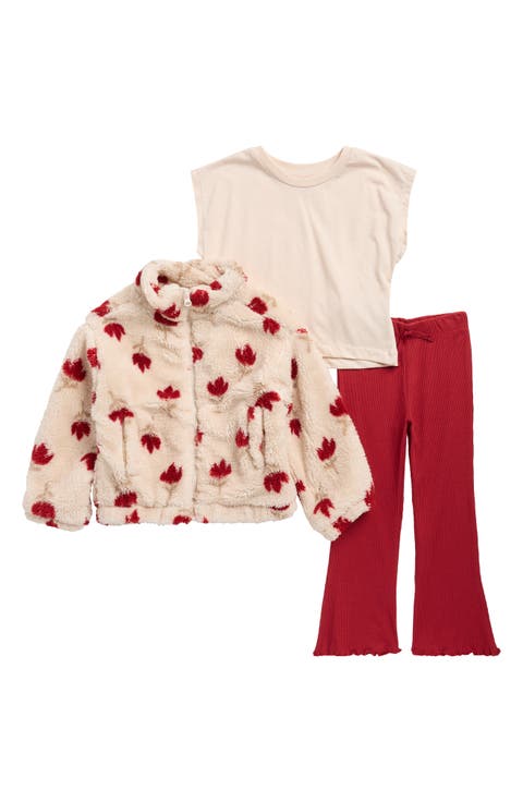 Kids' Floral Faux Shearling Jacket, Top & Flare Leggings Set (Little Kid)