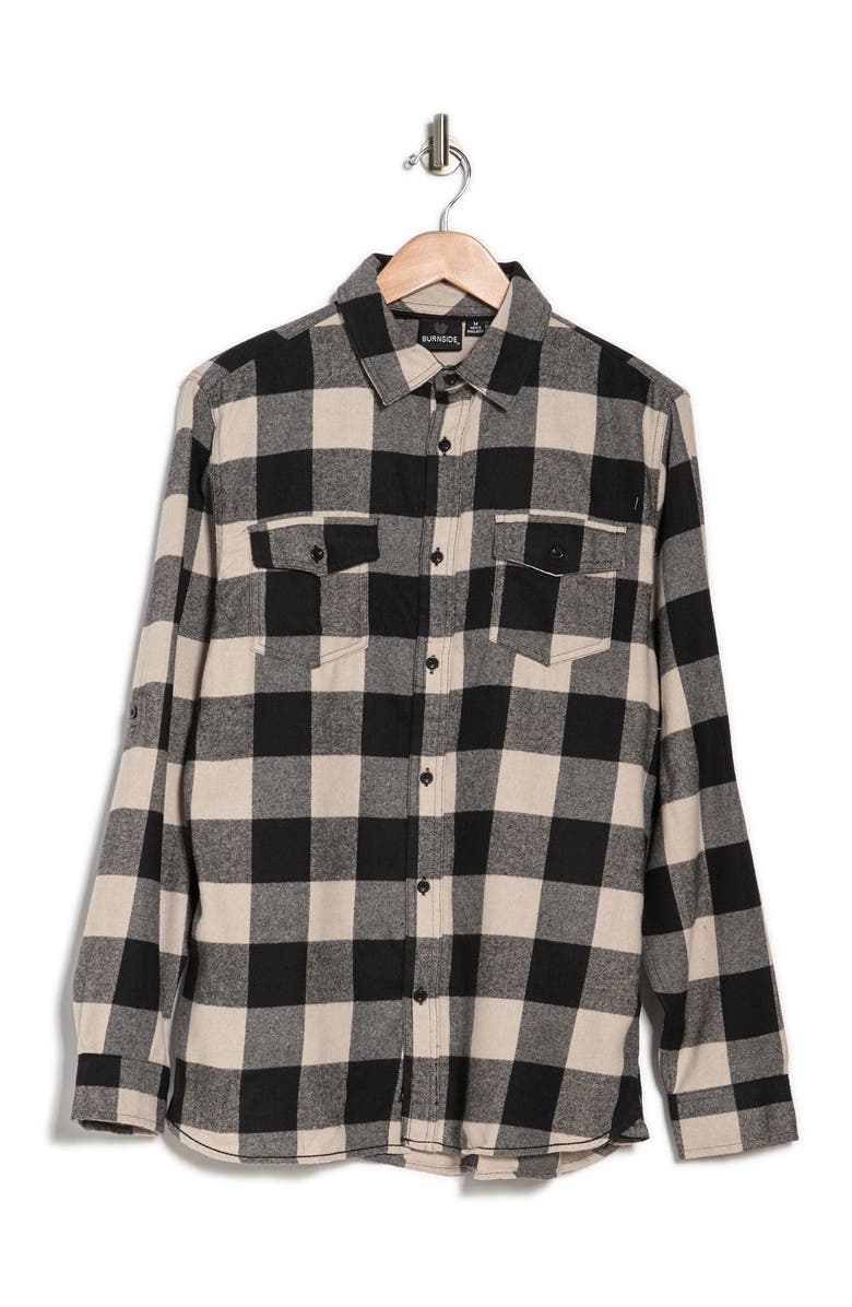 BURNSIDE Plaid Flannel Shirt, Main, color, Ecru Black