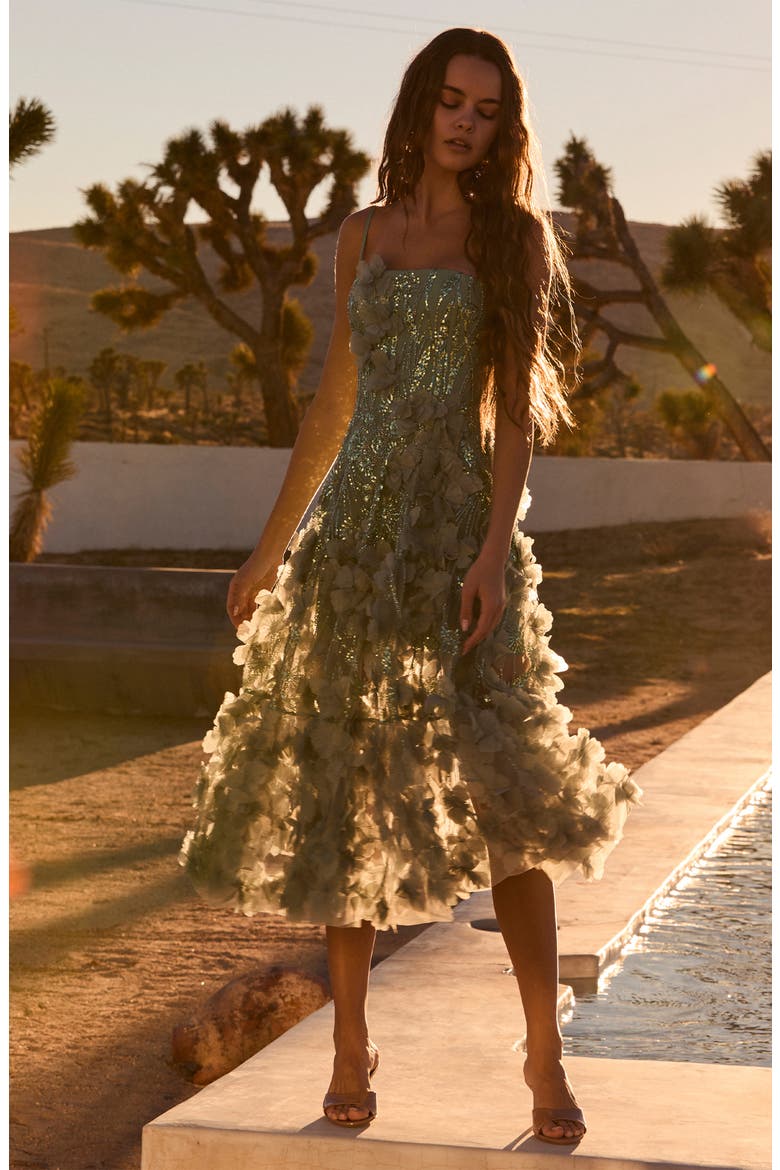 Lily Sequin Floral Appliqué Midi Dress, Alternate, color, SAGE
