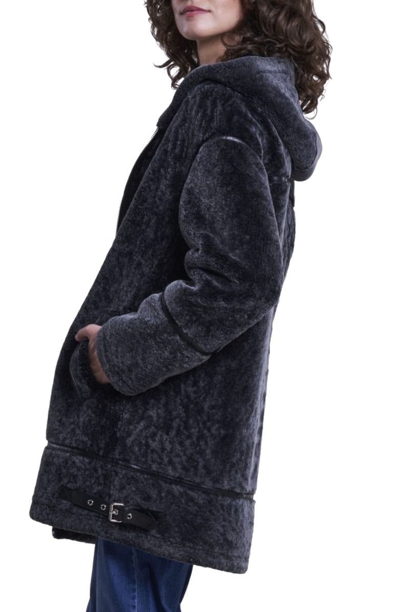 Blue Duck Hooded Genuine Shearling Jacket, Alternate, color, Charcoal