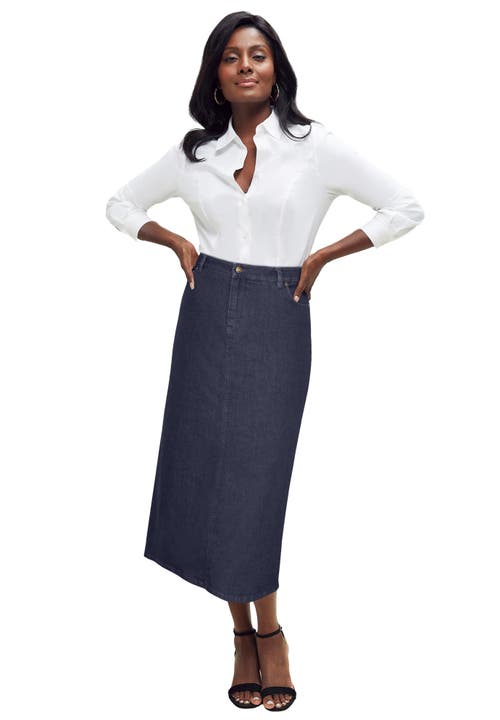 Jessica London True Fit Stretch Denim Midi Skirt In Black