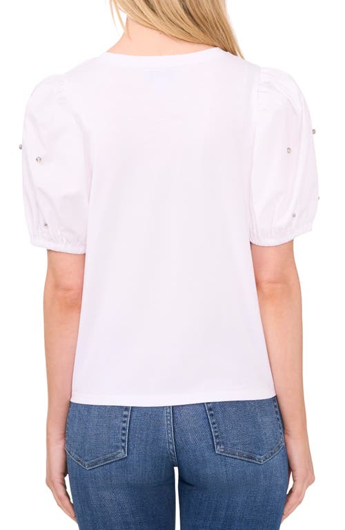 Cece Embellished Puff Sleeve Mixed Media Top In White