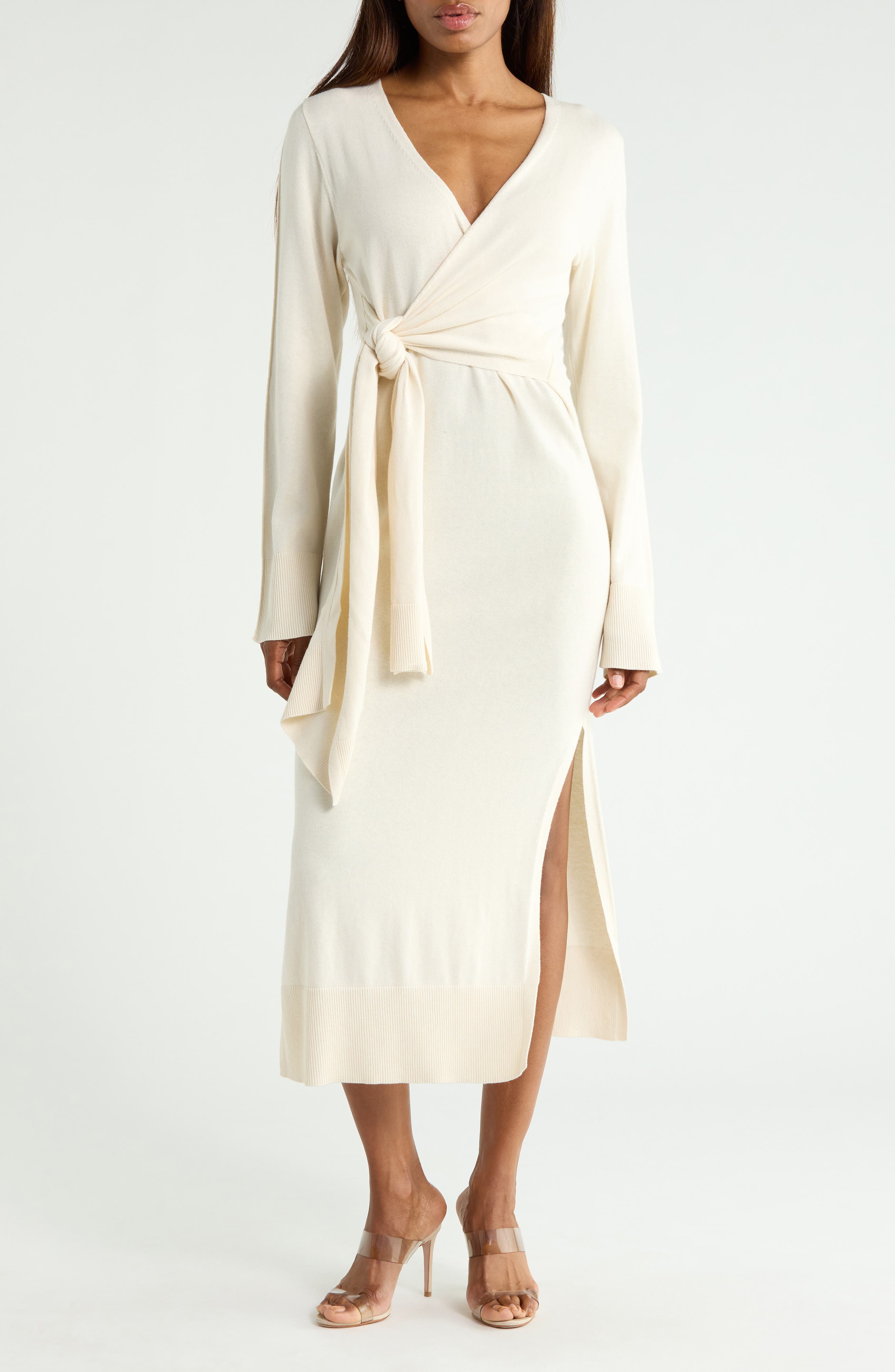 Skyla Long Sleeve Cotton & Cashmere Wrap Sweater Dress
