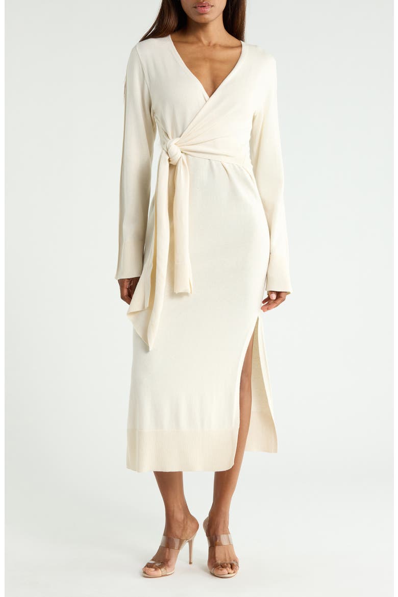 Skyla Long Sleeve Cotton & Cashmere Wrap Sweater Dress, Main, color, IVORY