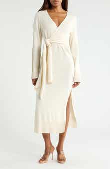 Skyla Long Sleeve Cotton & Cashmere Wrap Sweater Dress