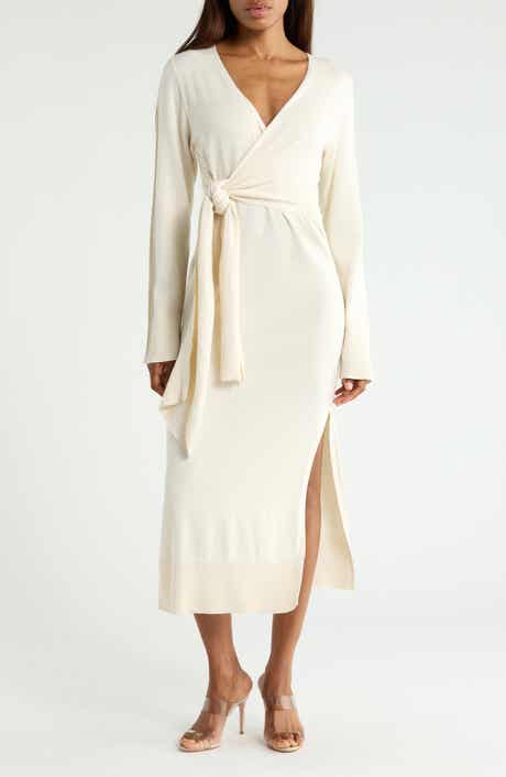 Skyla Long Sleeve Cotton & Cashmere Wrap Sweater Dress