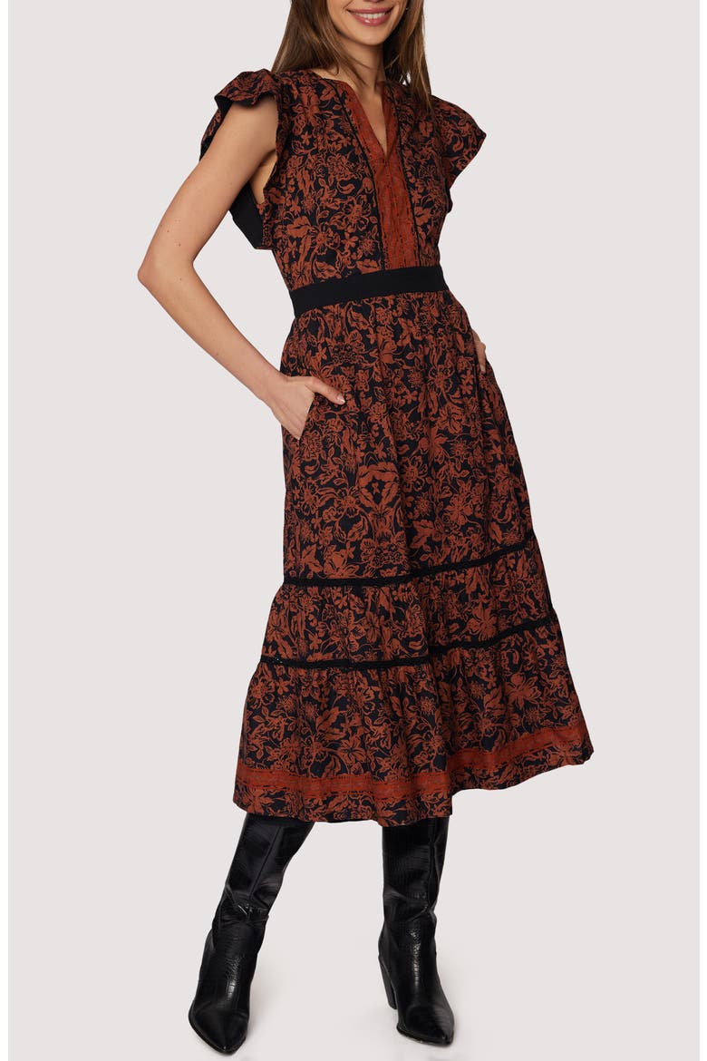 Lady of Siena Floral Cap Sleeve Cotton Midi Dress, Main, color, BROWN-FLORAL