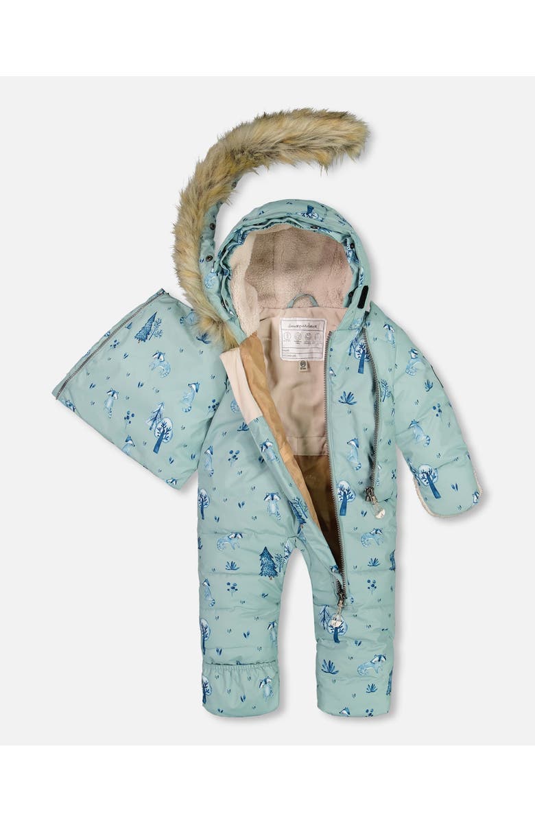 Deux par Deux Baby Boy's One Piece Baby Hooded Snowsuit Sage Printed Racoons Designed For Car Seat, Alternate, color, 
