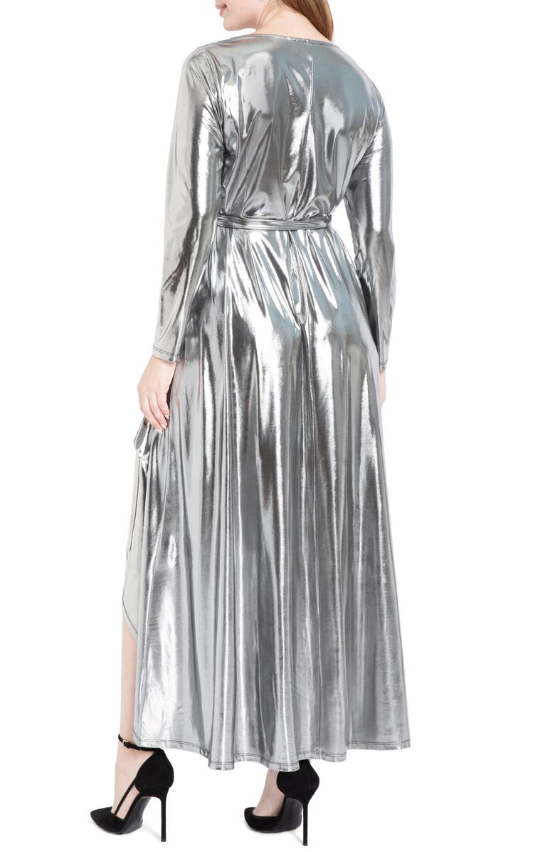 ELOQUII Metallic Long Sleeve Jersey Wrap Maxi Dress, Alternate, color,