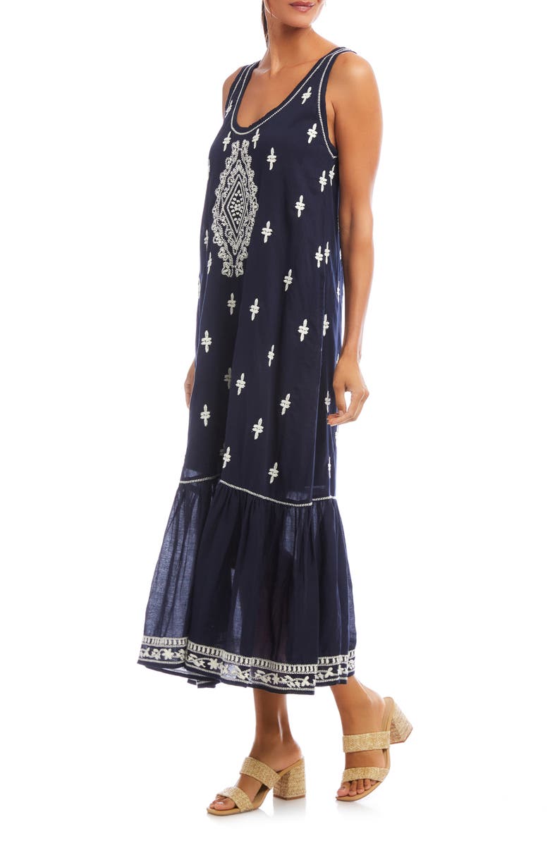Karen Kane Embroidered Sleeveless Midi Dress, Alternate, color, Navy W/ Cream