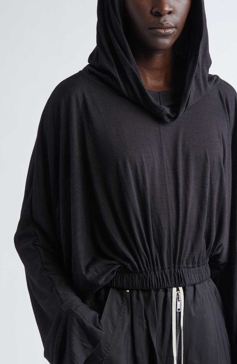 Rick Owens Crop Virgin Wool & Silk Hoodie, Alternate, color, Black
