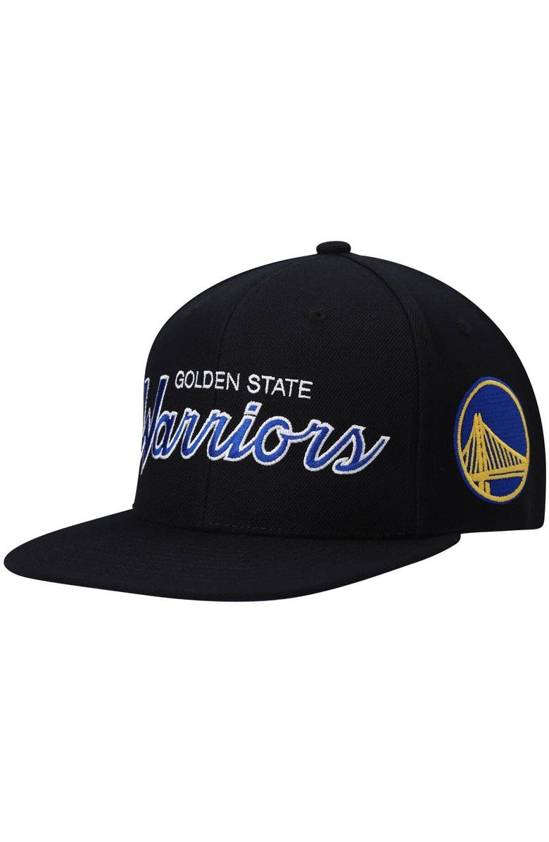 Mitchell & Ness Men's Mitchell & Ness Black Golden State Warriors Hardwood Classics Script 2.0 Snapback Hat, Main, color, Black
