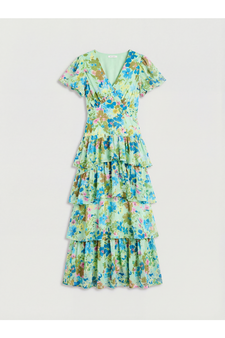 Waist Puff Sleeve Tiered Midi Dress, Alternate, color, Green