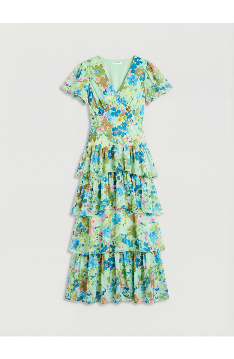 Warehouse Waist Puff Sleeve Tiered Midi Dress, Alternate, color, Green