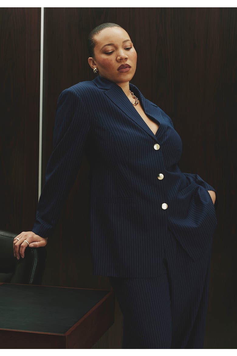 Nipped Waist Blazer With Back Adjuster, Alternate, color, NAVY PINSTRIPE