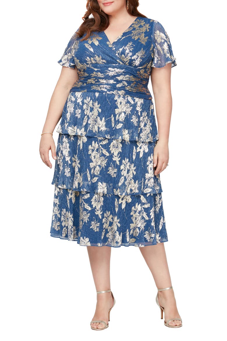 Foil Plissé Midi Dress, Main, color, ROYAL GOLD