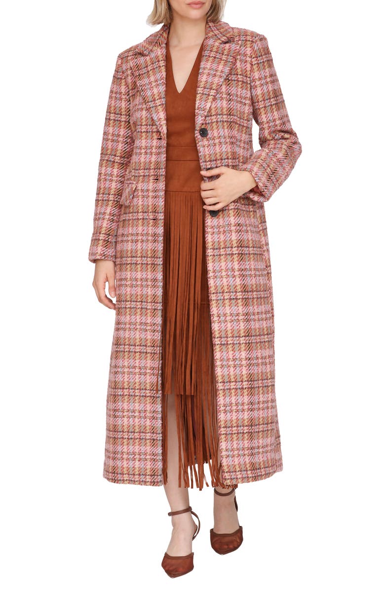 Avec Les Filles Cutaway Bouclé Long Coat, Main, color, Berry Plaid