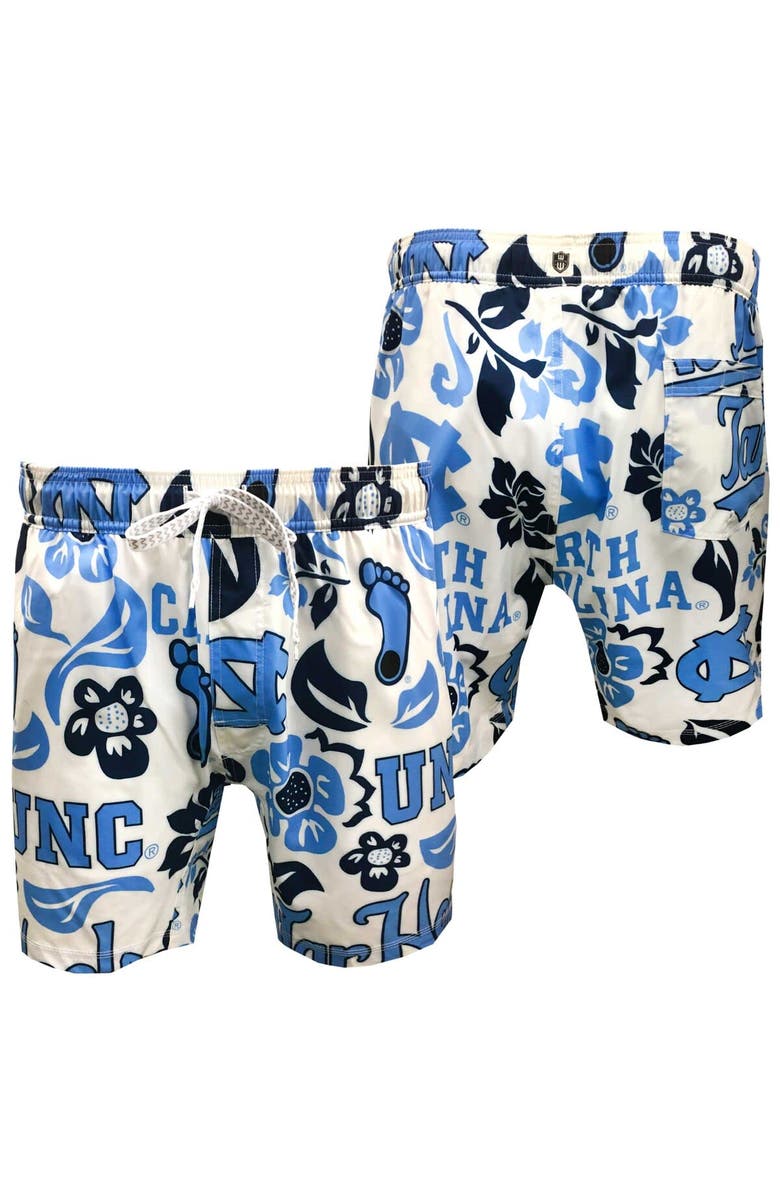 Wes & Willy Youth Wes & Willy White North Carolina Tar Heels Allover Print Vault Tech Swim Trunks, Main, color, 