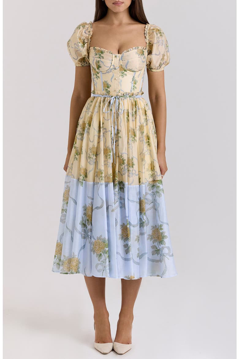 Penelope Floral Puff Sleeve Corset Chiffon Midi Dress, Main, color, YELLOW ROSE PRINT