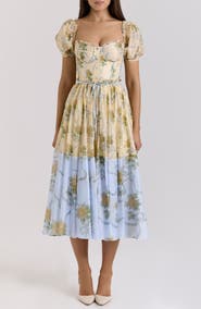 HOUSE OF CB Penelope Floral Puff Sleeve Corset Chiffon Midi Dress