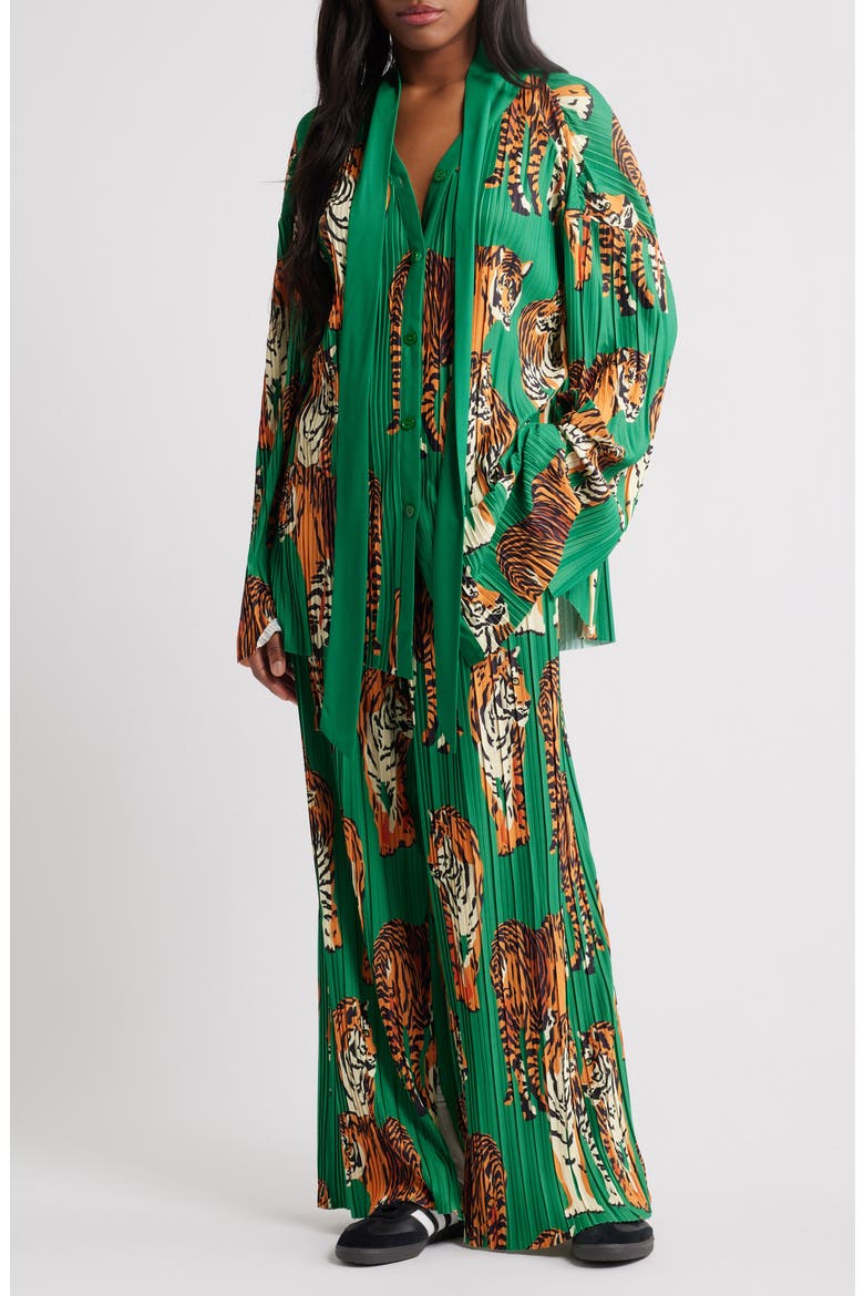 The Show Must Go On Pleated Shirt & Pants Set, Main, color, TIGER TALES GREEN