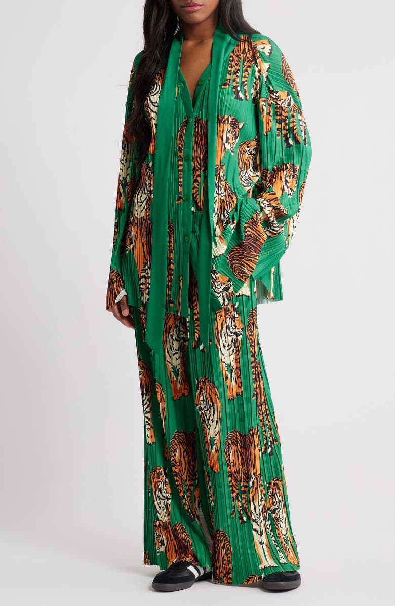 Dressed in Lala The Show Must Go On Pleated Shirt & Pants Set, Main, color, Tiger Tales Green
