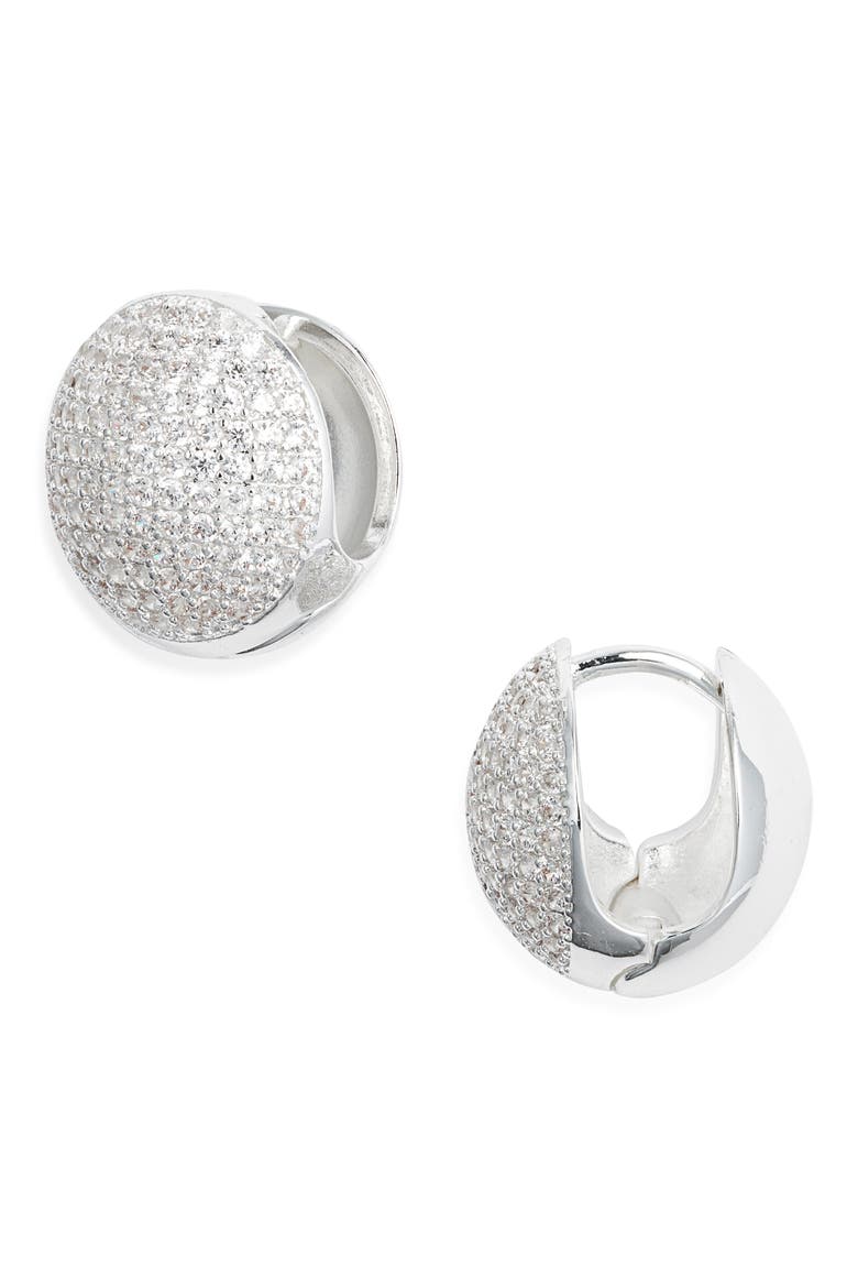 Pavé Orb Huggie Earrings, Main, color, CLEAR- SILVER