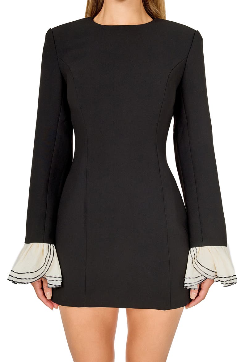 Ruffle Detail Long Sleeve Sheath Minidress, Alternate, color, BLACK