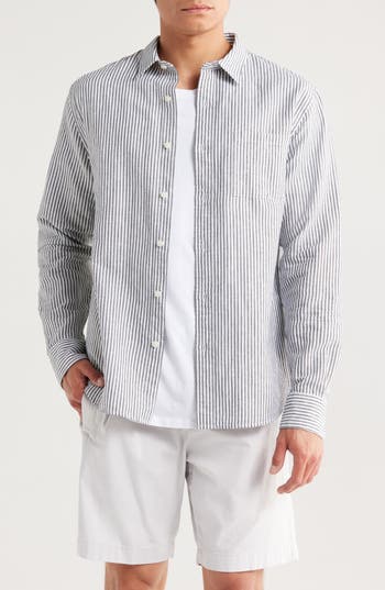 Vince Stripe Linen & Cotton Button-up Shirt In Gray