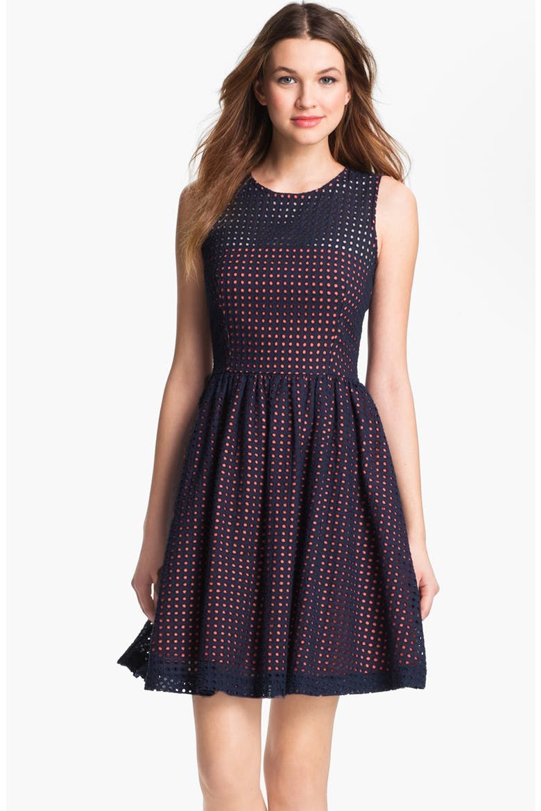 Embroidered Cotton Eyelet Fit & Flare Dress, Main, color, NOCTURNAL