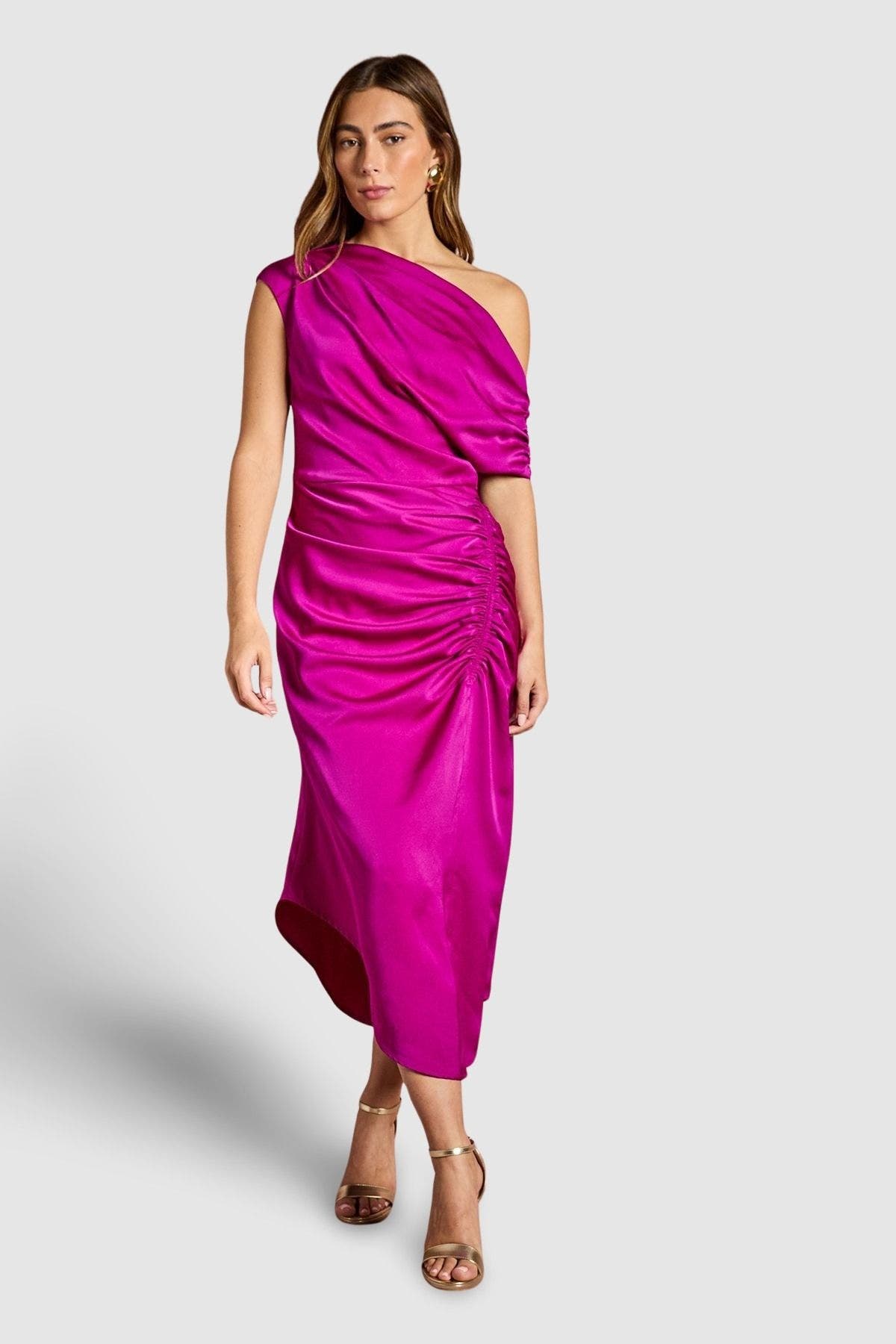 one shoulder midi satin dress Solid Satin One Shoulder Midi Dress with Slit